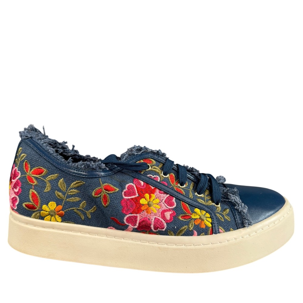 Vaneli Sport Navy Blue Floral Embroidered Frayed Platform Sneakers Womens 9